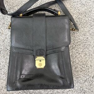 Vintage Texier Black Leather Top Handle Crossbody Bag Flap With Key Unisex